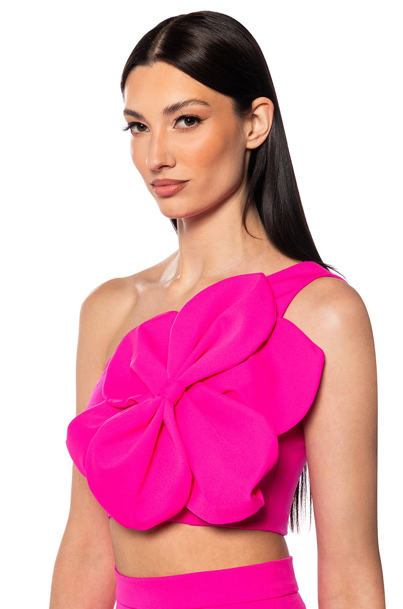 AZALEA ASYMMETRIC APPLIQUE CROP TOP IN PINK