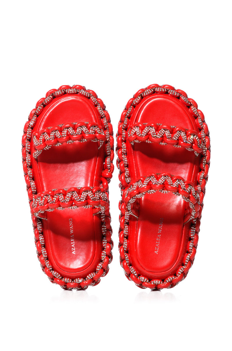 AZALEA WANG ALL DAY EMBELLISHED WOVEN FLATFORM SANDAL IN RED