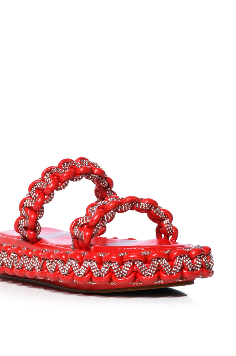 AZALEA WANG ALL DAY EMBELLISHED WOVEN FLATFORM SANDAL IN RED