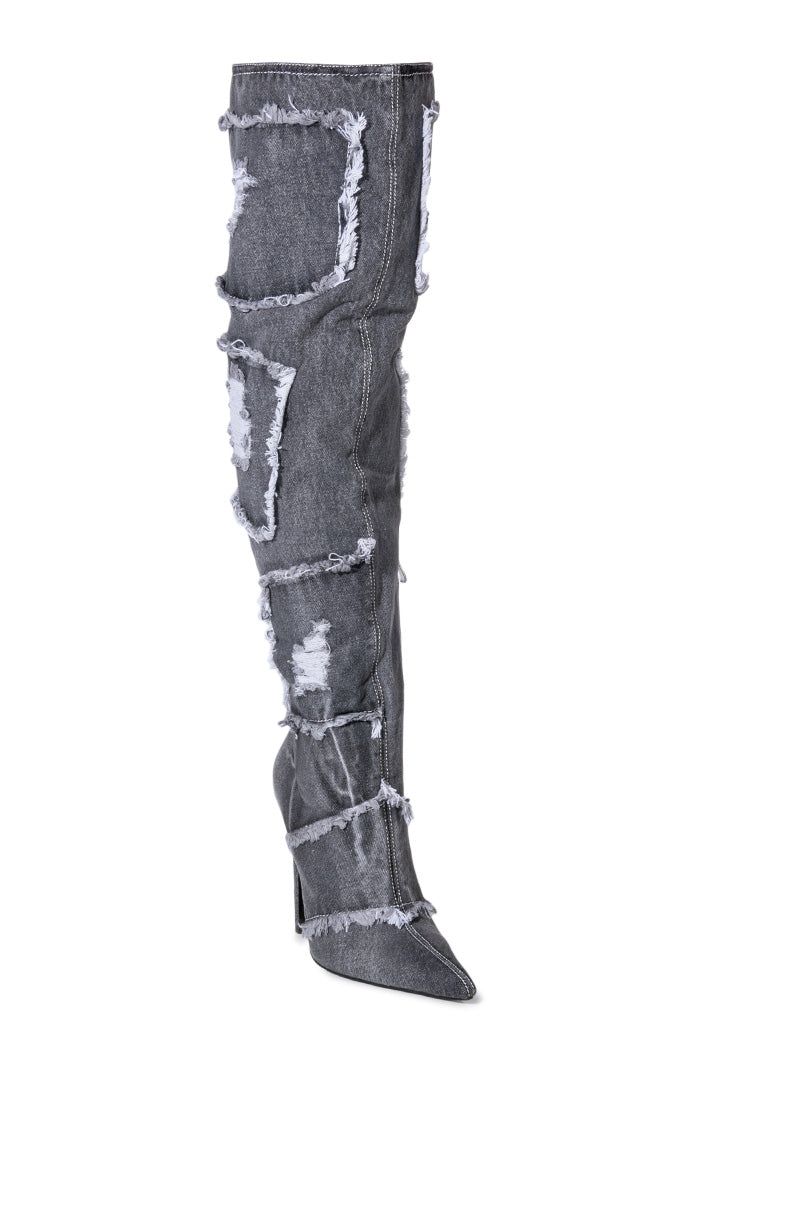 AZALEA WANG ALYSIA DENIM DISTRESSED BOOT IN DARK DENIM