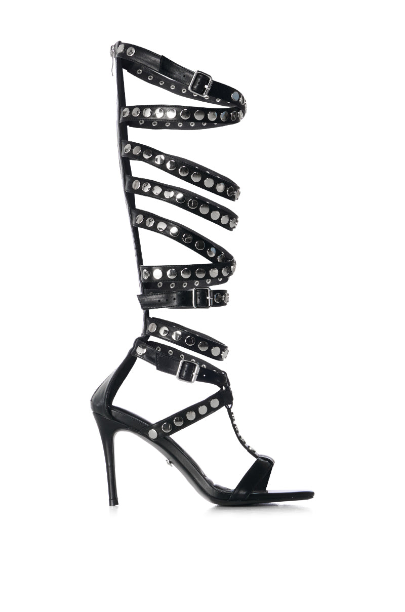 AZALEA WANG AUDACIOUS BLACK SILVER STUD GLADIATOR SANDAL