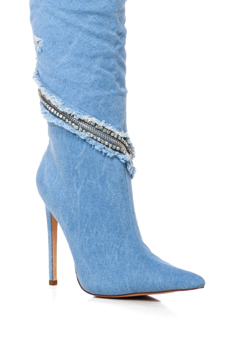 AZALEA WANG BEBOP ZIPPER DECOR MID CALF BOOT IN DENIM