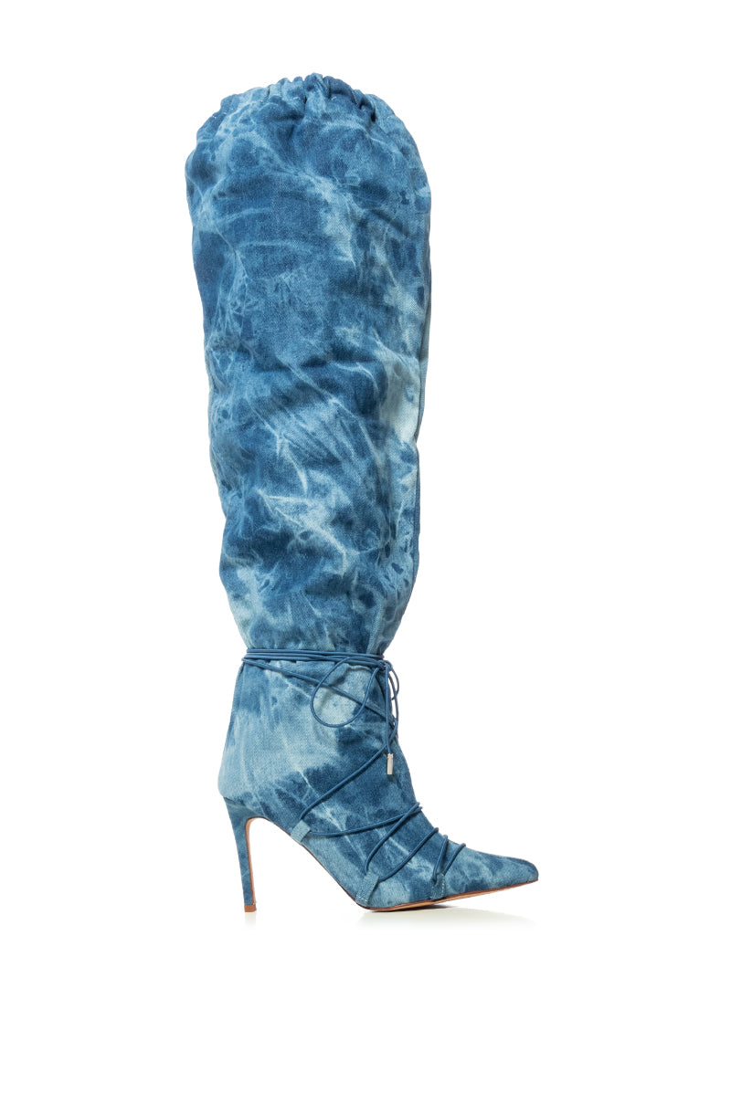 AZALEA WANG BEXLEY ACID WASH DENIM SLOUCH BOOT IN BLUE