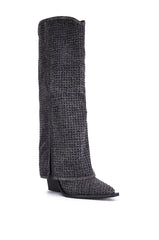 AZALEA WANG CALCIFER GRAY RHINESTONE AND DENIM WESTERN BOOT