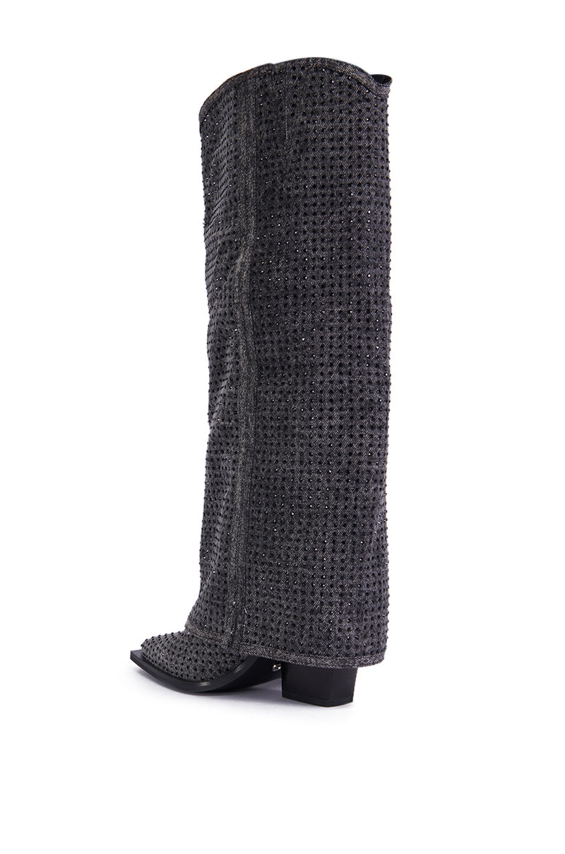 AZALEA WANG CALCIFER GRAY RHINESTONE AND DENIM WESTERN BOOT