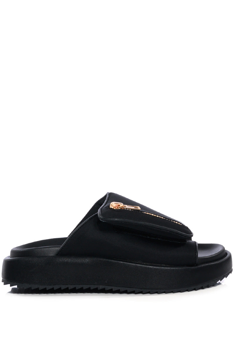 AZALEA WANG CALICO FLAT SLIP ON SANDAL IN BLACK
