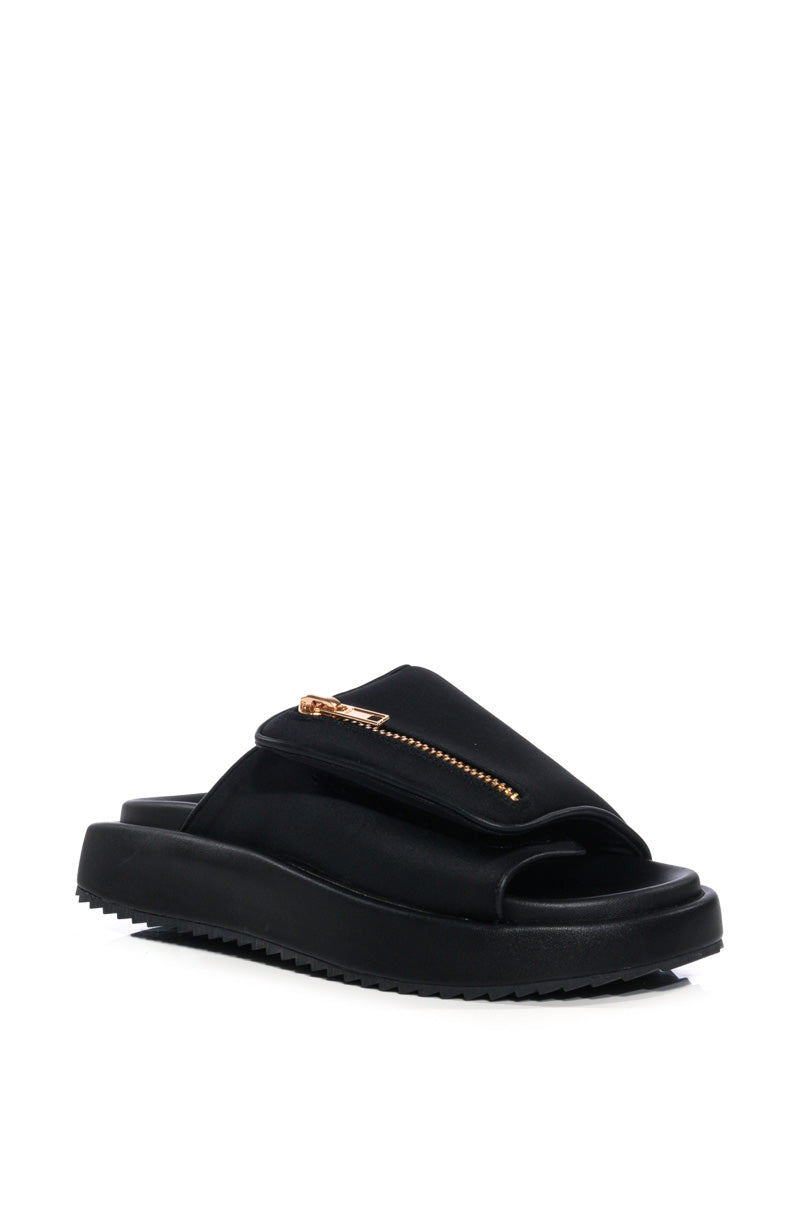 AZALEA WANG CALICO FLAT SLIP ON SANDAL IN BLACK