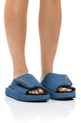AZALEA WANG CALICO FLAT SLIP ON SANDAL IN BLUE DENIM