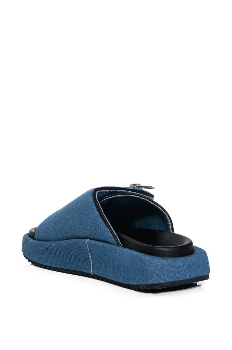 AZALEA WANG CALICO FLAT SLIP ON SANDAL IN BLUE DENIM
