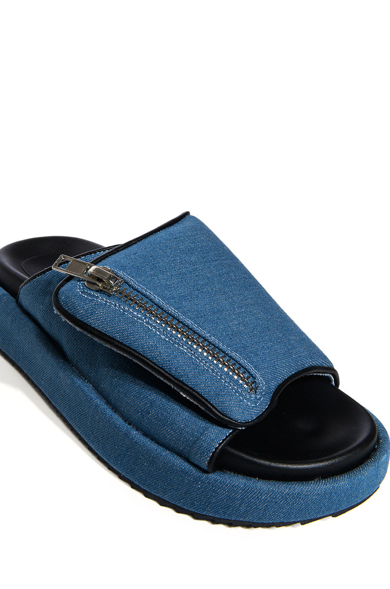 AZALEA WANG CALICO FLAT SLIP ON SANDAL IN BLUE DENIM