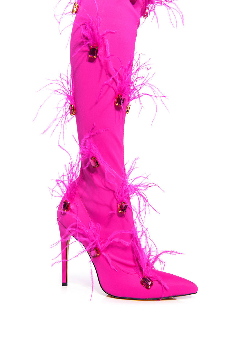AZALEA WANG CAROLYN FEATHER EMBELLISHED PINK BOOT