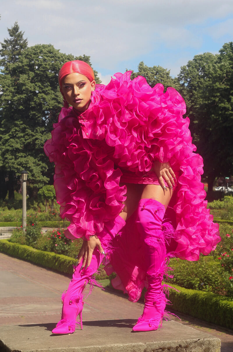 AZALEA WANG CAROLYN FEATHER EMBELLISHED PINK BOOT