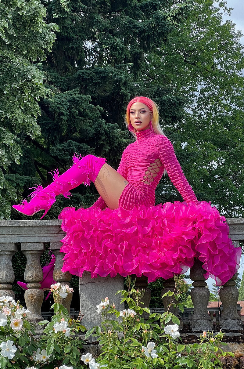 AZALEA WANG CAROLYN FEATHER EMBELLISHED PINK BOOT