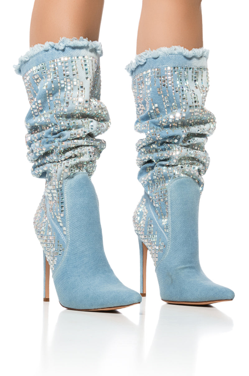AZALEA WANG CARSYN DISTRESSED DENIM BOOT WITH GEM EMBELLISHMENT
