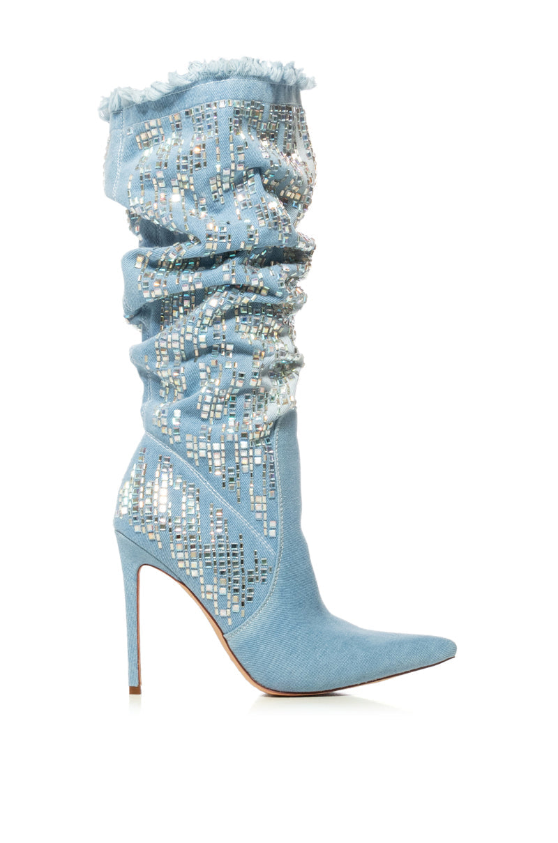 AZALEA WANG CARSYN DISTRESSED DENIM BOOT WITH GEM EMBELLISHMENT