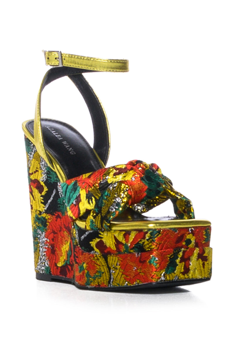 AZALEA WANG CHARMED BROCADE WEDGE SANDAL IN MULTI