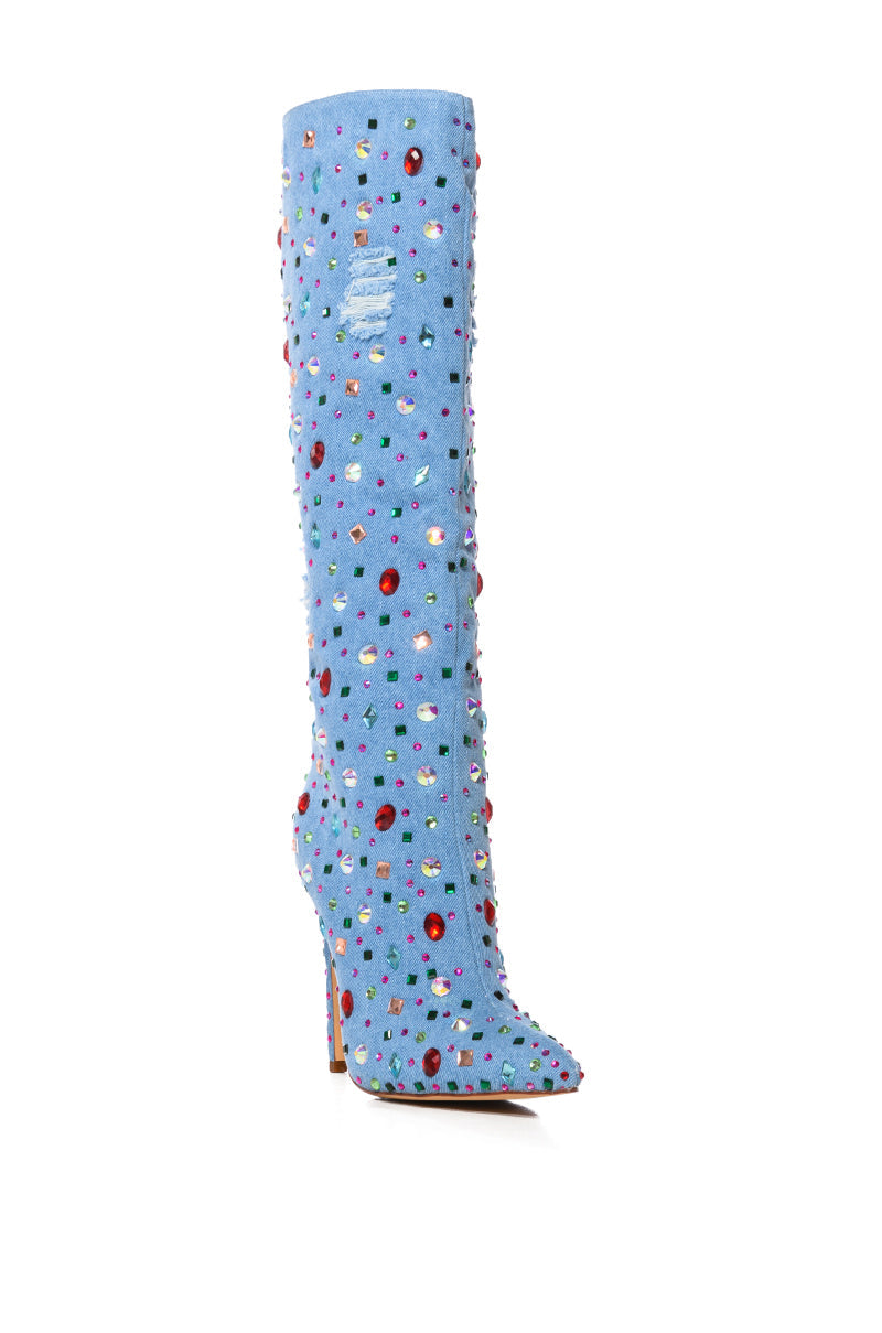AZALEA WANG CHILI STILETTO EMBELLISHED BOOT IN DENIM