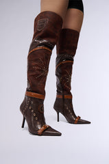 AZALEA WANG CHOCOCAT BROWN MULTI FAUX LEATHER EMBELLISHED BOOT