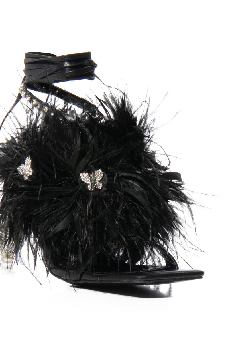 AZALEA WANG CLOVE BUTTERFLY EMBELLISHED FEATHER SANDAL IN BLACK
