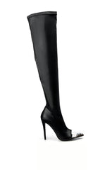 AZALEA WANG CLOVER THIGH HIGH OPEN TOE BOOT IN BLACK STRETCH