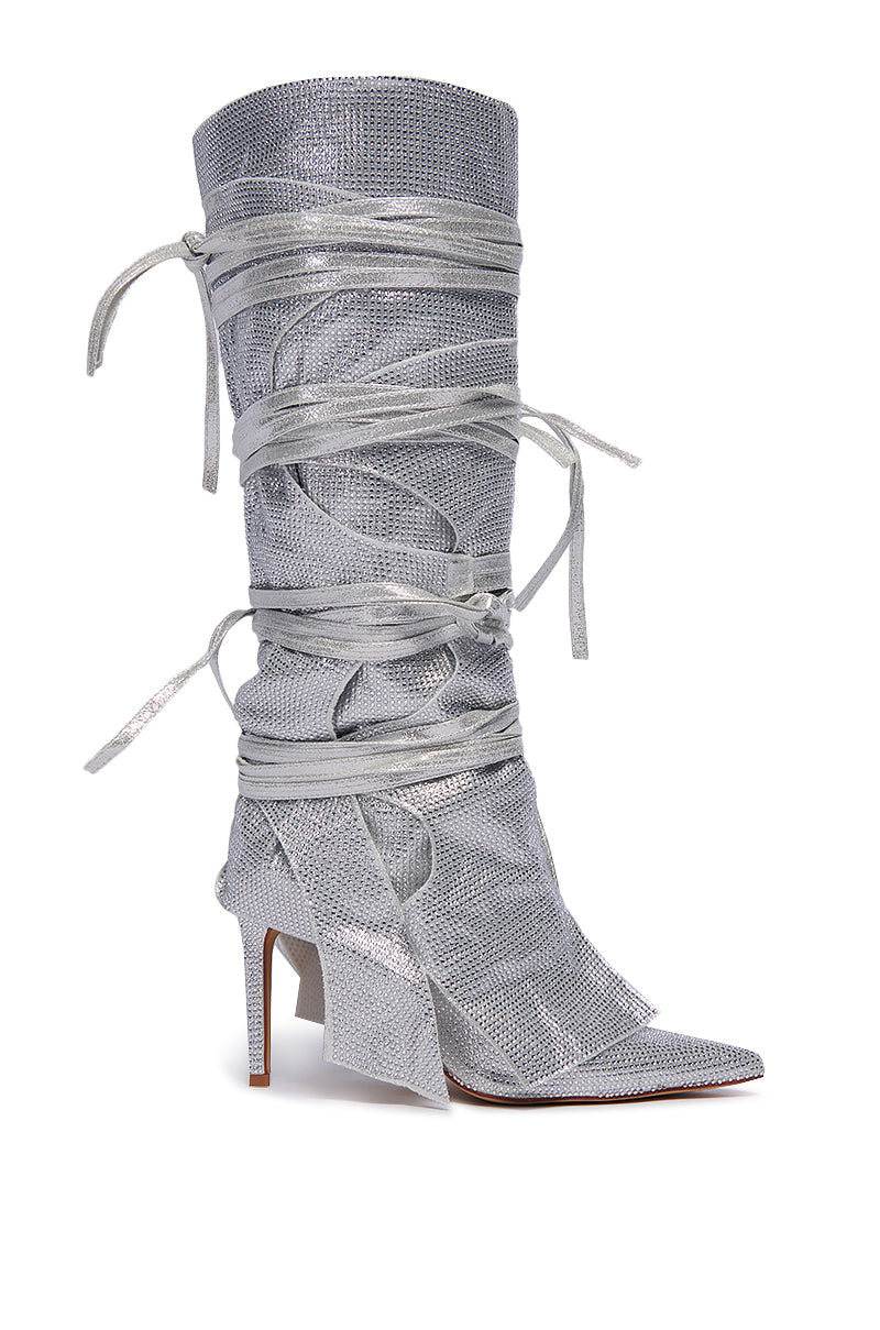 AZALEA WANG CORDIAL SILVER RHINESTONE BOOT