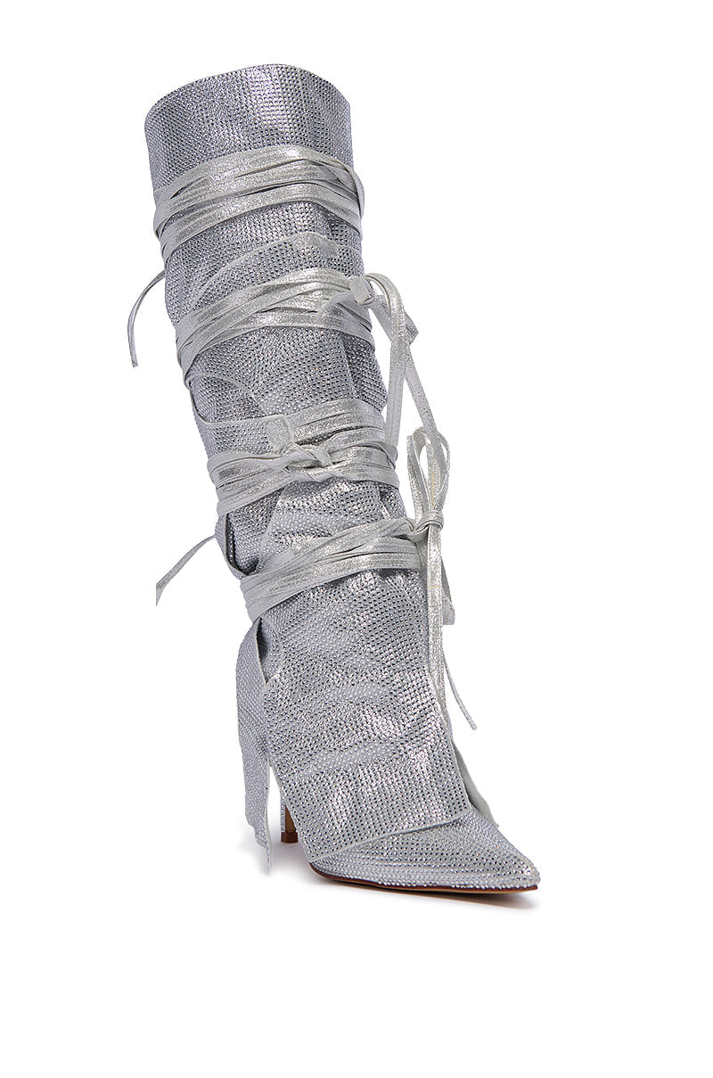 AZALEA WANG CORDIAL SILVER RHINESTONE BOOT