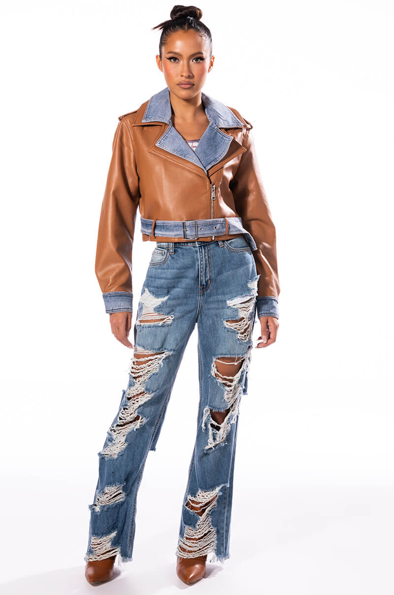 DOUBLE TROUBLE DENIM MOTO JACKET