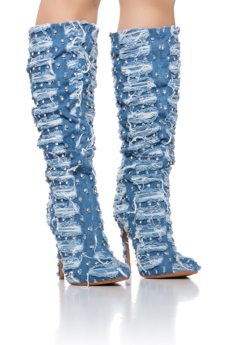 AZALEA WANG ENERGIZED DISTRESSED DENIM AND DIAMONDS BOOT