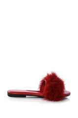 AZALEA WANG FOXY BASIC FUR FLAT SANDAL IN RED