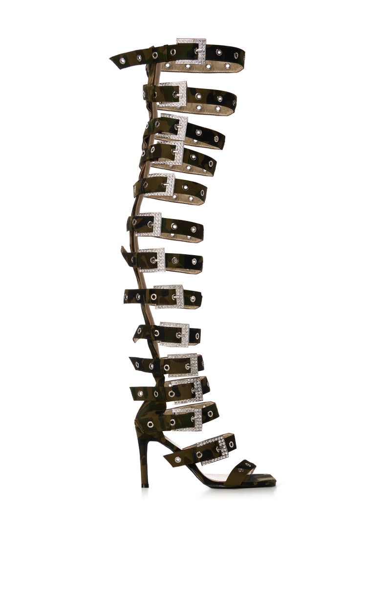 AZALEA WANG HARLOWE CAMO OVER THE KNEE BUCKLE UP SANDAL