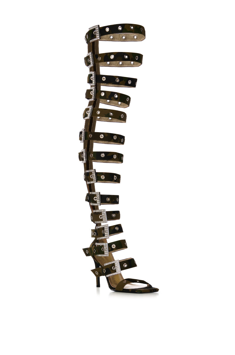 AZALEA WANG HARLOWE CAMO OVER THE KNEE BUCKLE UP SANDAL
