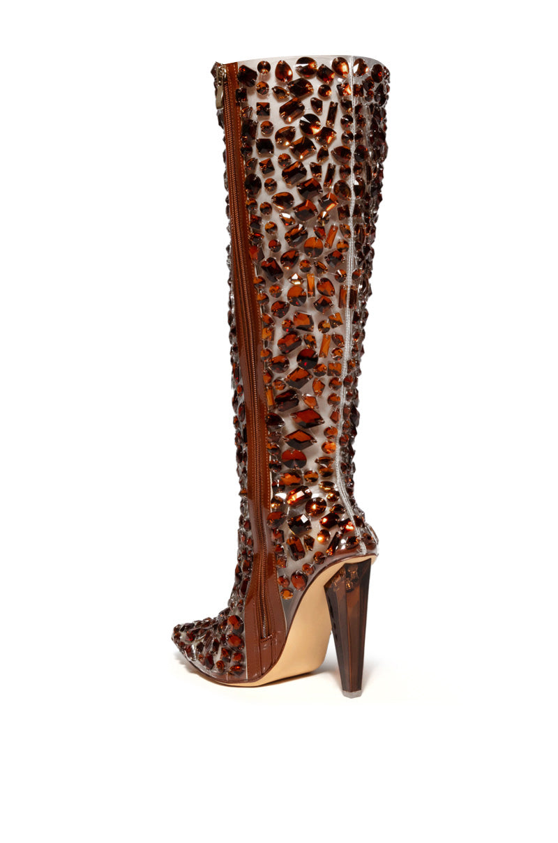AZALEA WANG HONEY EMBELLISHED PVC CHUNKY BOOT IN BROWN
