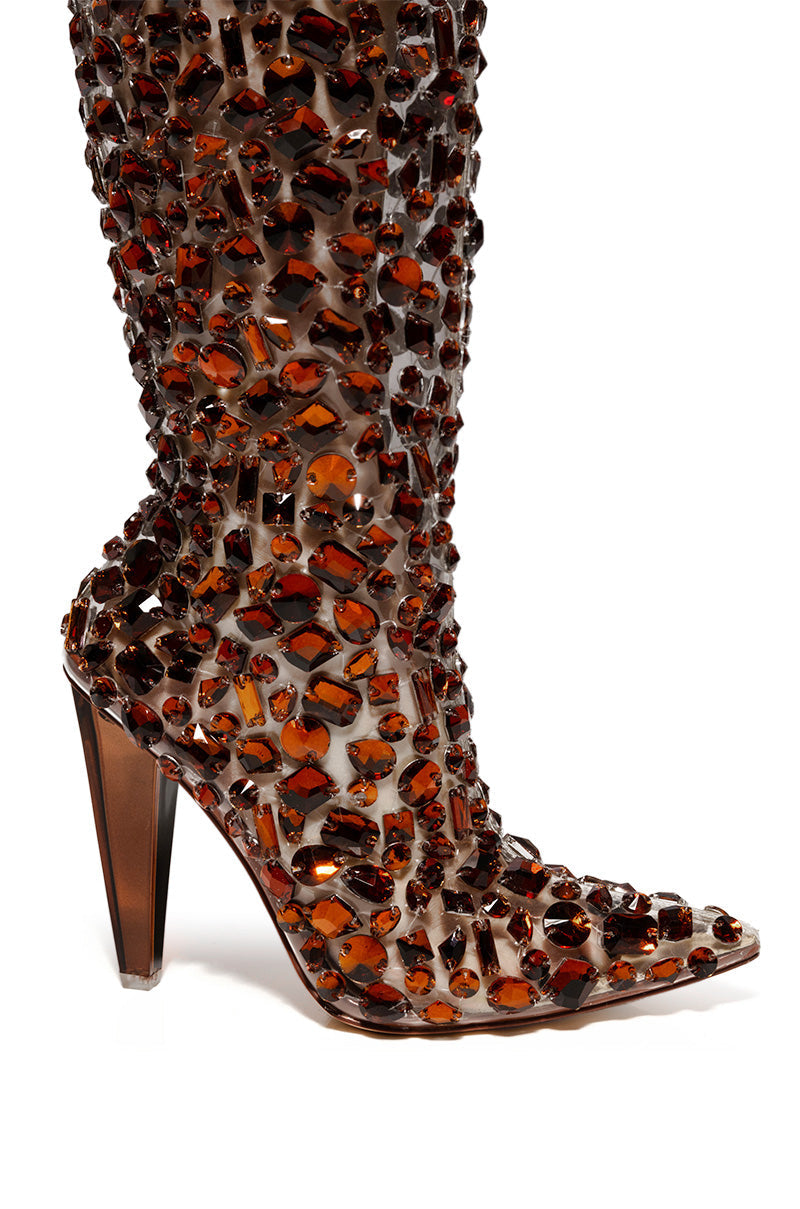 AZALEA WANG HONEY EMBELLISHED PVC CHUNKY BOOT IN BROWN