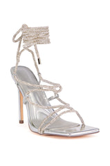 AZALEA WANG JASMIT SILVER ROPE LACE UP STILETTO SANDAL IN SILVER