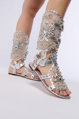 AZALEA WANG LEXLINE SILVER EMBELLISHED GLADIATOR FLAT SANDAL