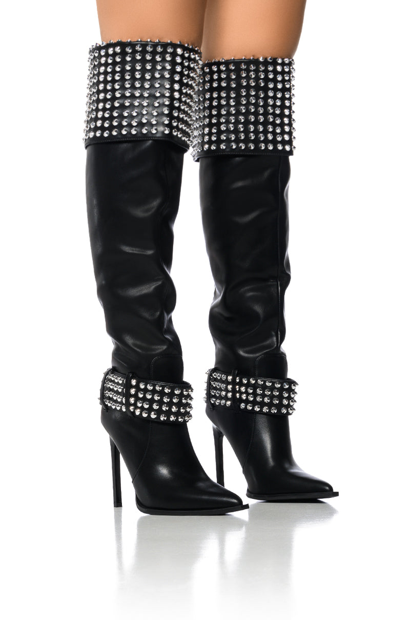 AZALEA WANG MARLENA SILVER STUDDED BLACK BOOT