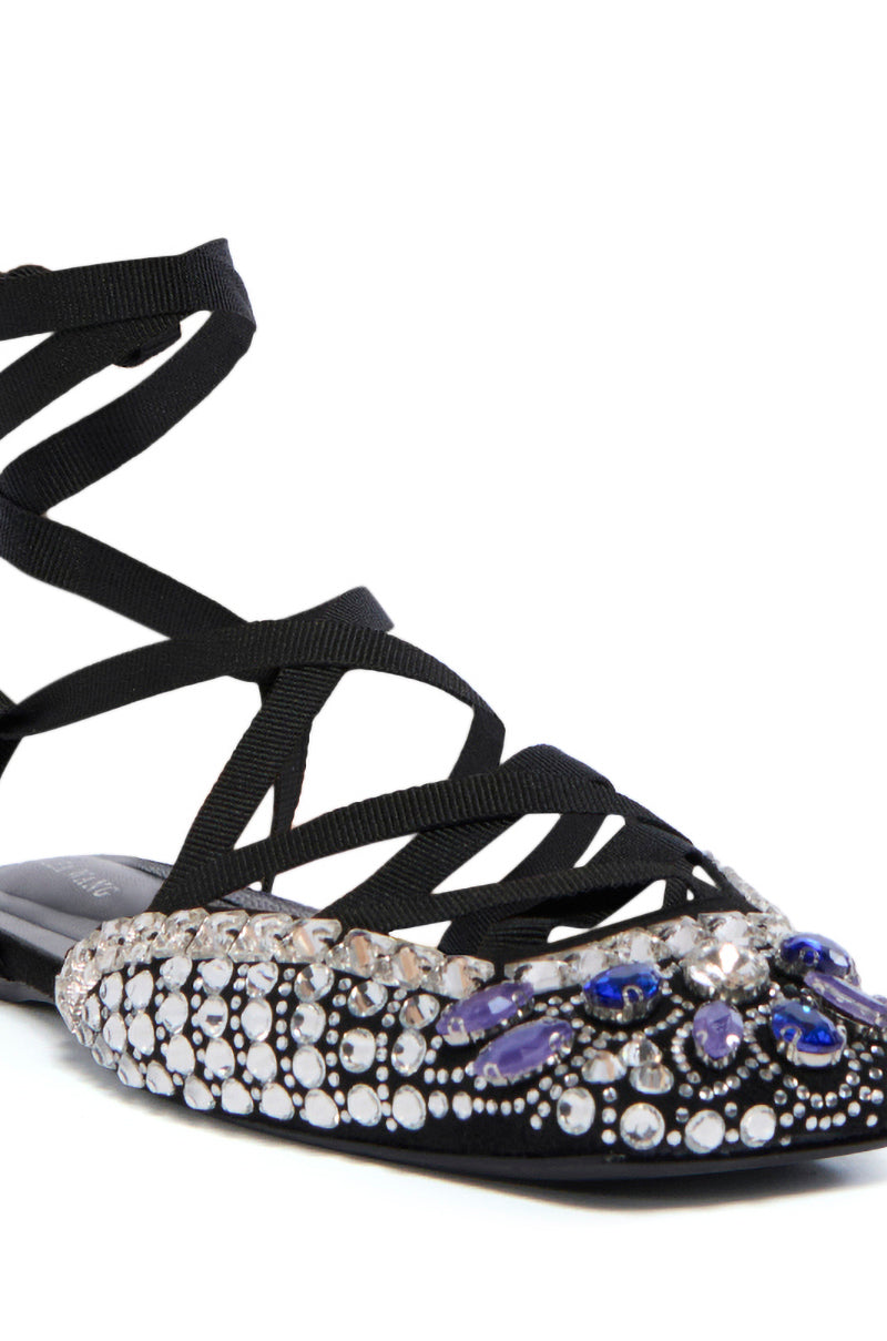 AZALEA WANG NELSIE BLACK EMBELLISHED LACE UP FLAT