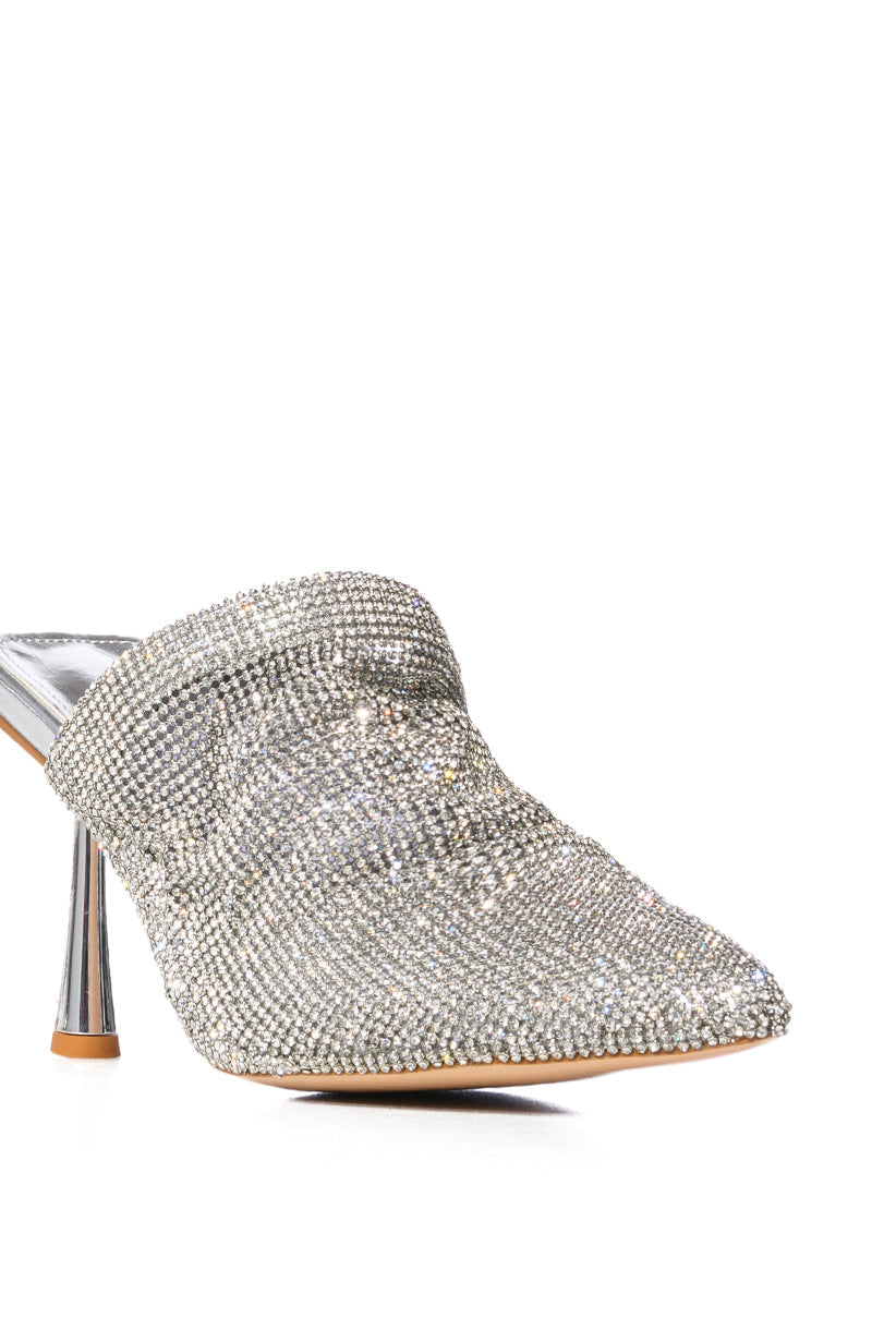 AZALEA WANG RAIN RHINESTONE EMBELLISHED MULE IN SILVER