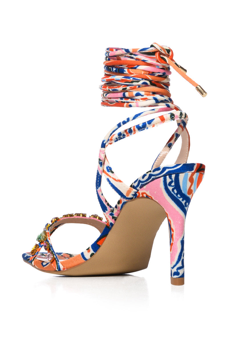 AZALEA WANG RHONDA EMBELLISHED LACE UP SANDAL IN MULTI