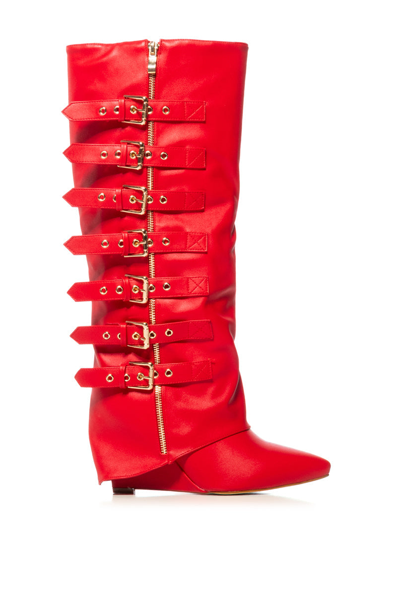 AZALEA WANG RISNA RED BUCKLE DETAIL BOOT