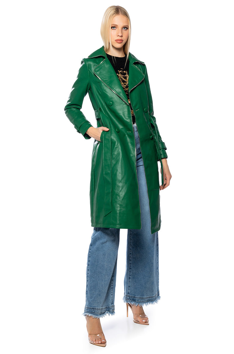 SANDO GREEN PLEATHER TRENCH COAT WITH ZIPPER TRIM