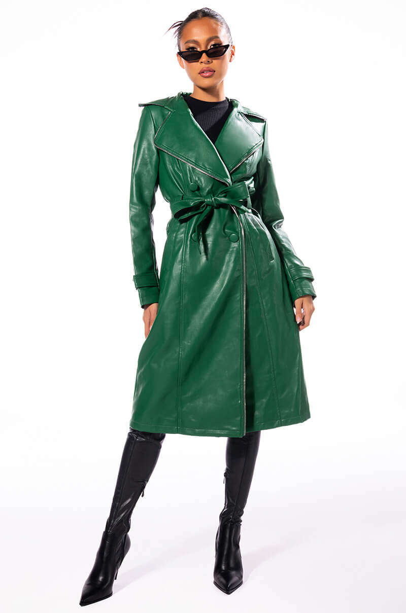 SANDO GREEN PLEATHER TRENCH COAT WITH ZIPPER TRIM