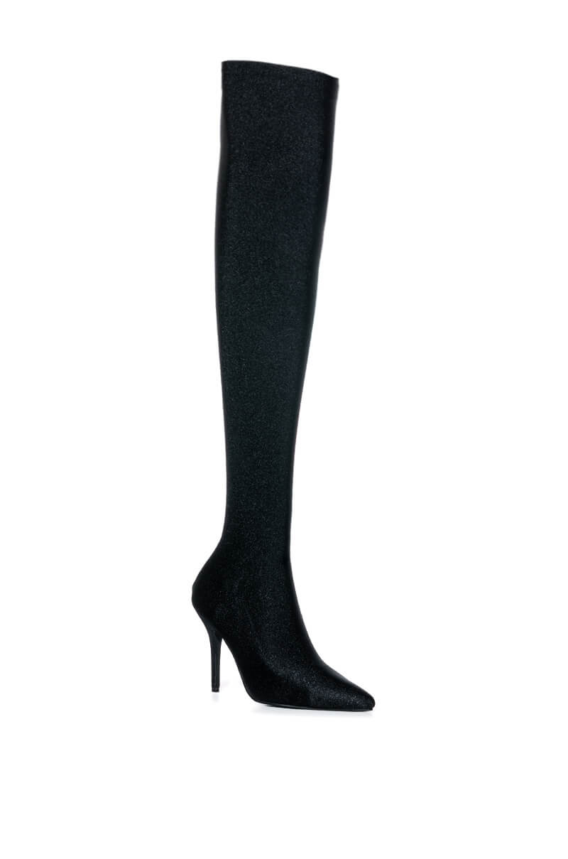 AZALEA WANG HEARTOUT THIGH HIGH STILETTO BOOT IN BLACK STRETCH