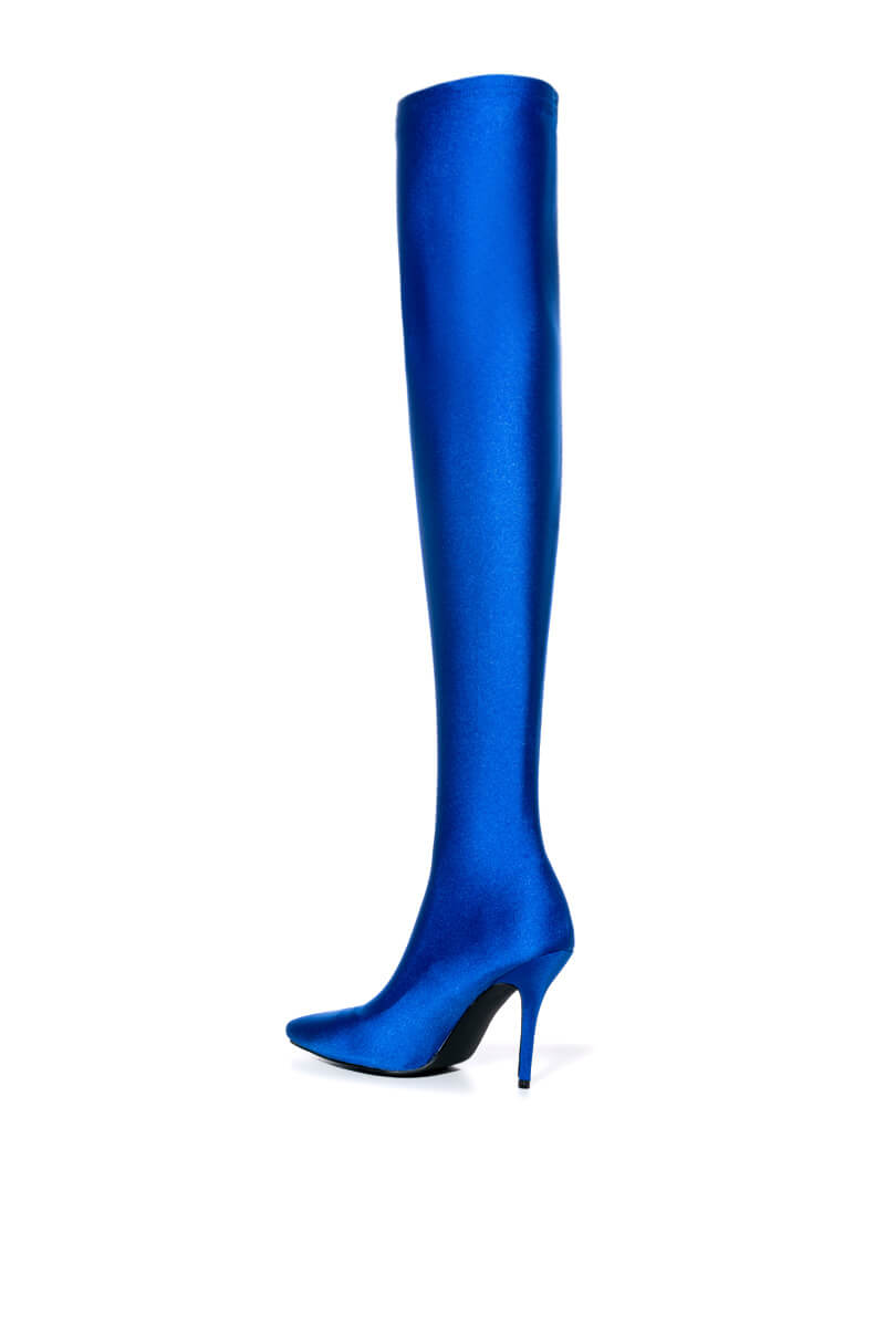 AZALEA WANG HEARTOUT THIGH HIGH STILETTO BOOT IN BLUE STRETCH