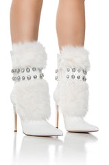AZALEA WANG STATEN WHITE FUZZY EMBELLISHED BOOTIE