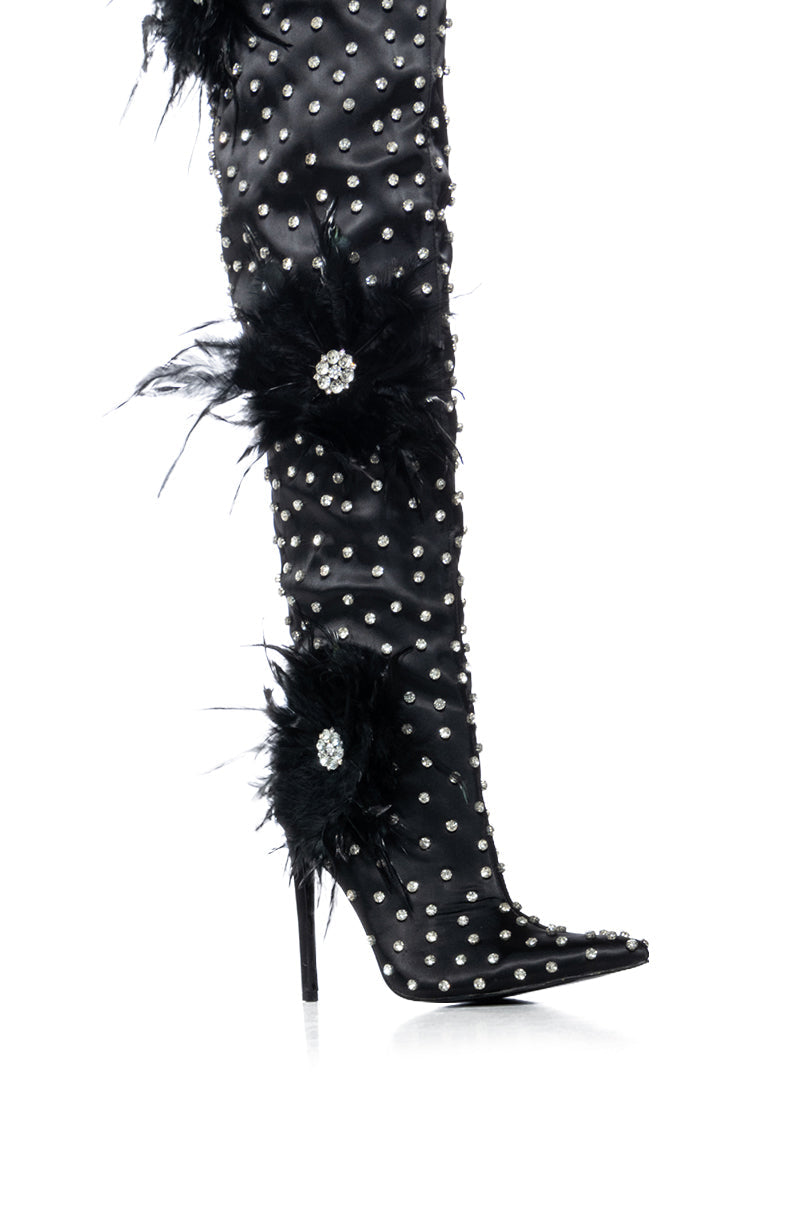 AZALEA WANG TARYN BLACK SATIN FEATHER FLOWER THIGH HIGH BOOT