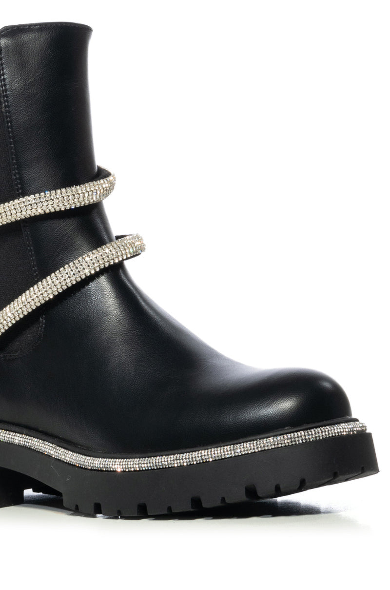 AZALEA WANG VIENNA DIAMOND SNAKE FLATFORM BOOTIE IN BLACK