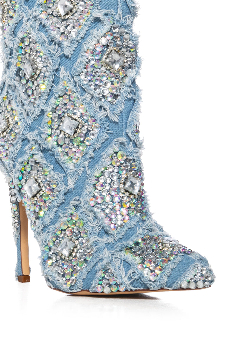 AZALEA WANG YOSHA DENIM EMBELLISHED BOOTIE