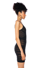 BABY ITS A VIBE RUCHED BANDAGE SLEEVELESS MINI DRESS