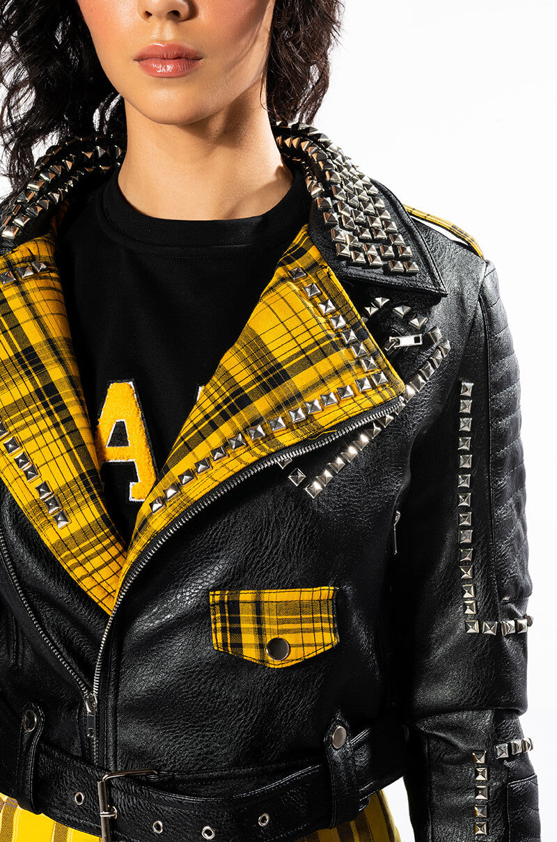COLLEGIATE BACK TO SCHOOL PLAID MOTO JACKET